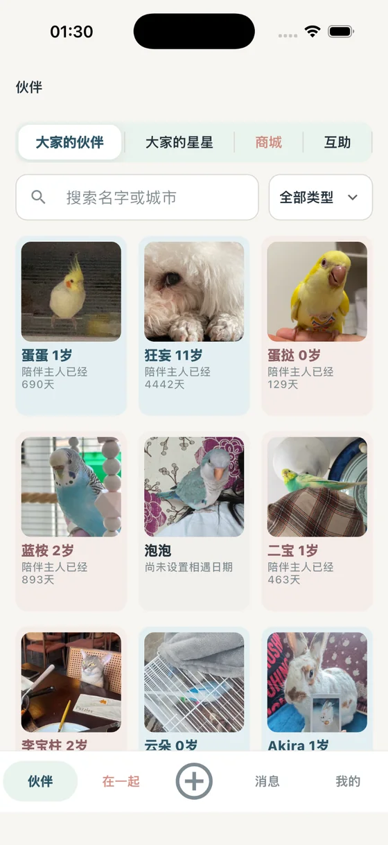 伙伴页中浏览不同宠物的卡片